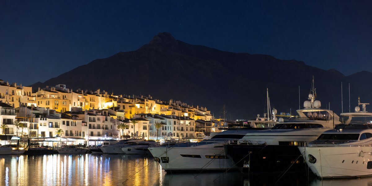 Yates amarrados en Puerto Banús de noche