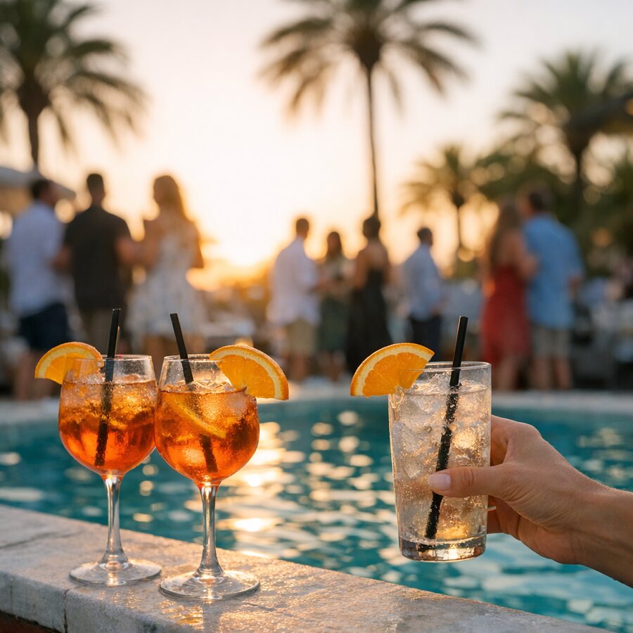 Cócteles con rodajas de naranja al borde de una piscina al atardecer