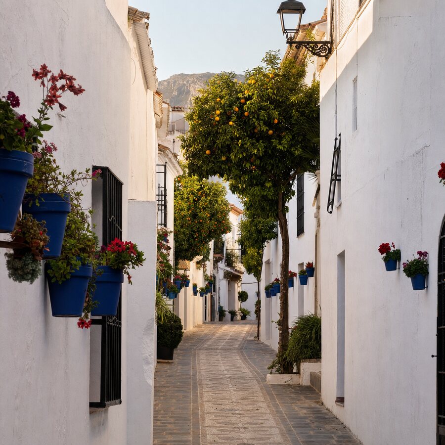Calle encalada del casco antiguo de Marbella con macetas y naranjos
