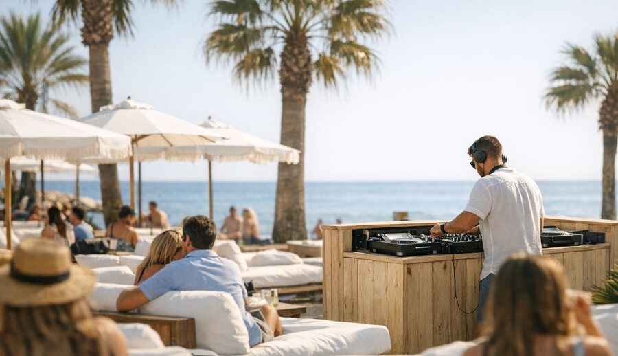 Beach club con tumbonas blancas y palmeras en la Milla de Oro de Marbella
