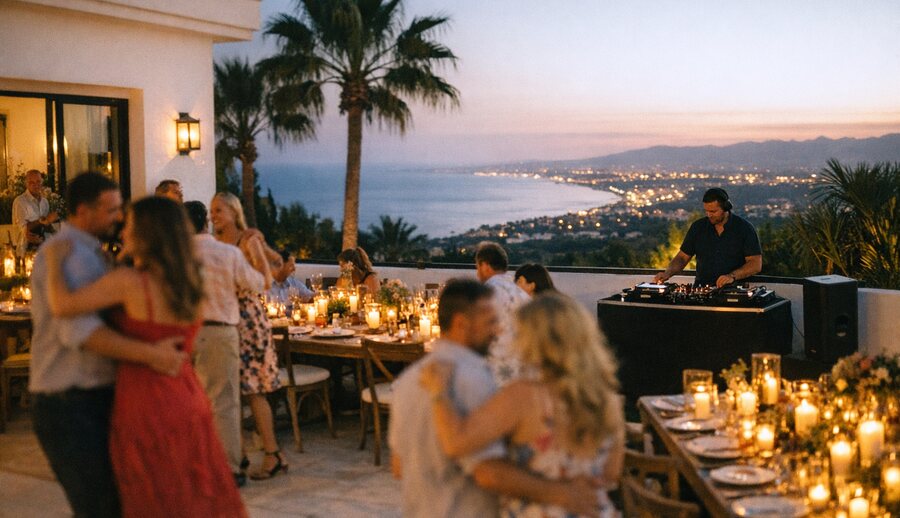 Celebración nocturna en la terraza de una villa sobre Marbella, mesas con velas y farolillos
