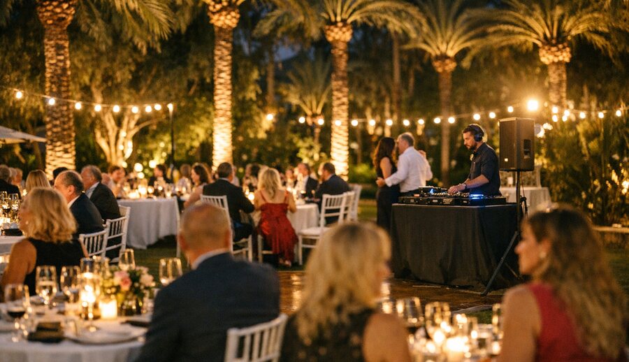 Cena de gala de empresa en el jardín de un hotel de Marbella, con palmeras iluminadas