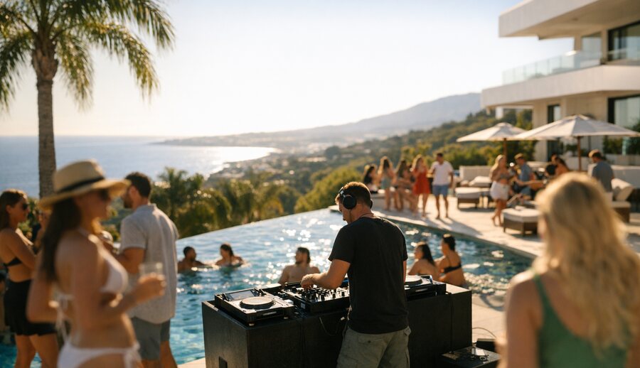Fiesta junto a la piscina de una villa moderna sobre Marbella, con vistas al mar