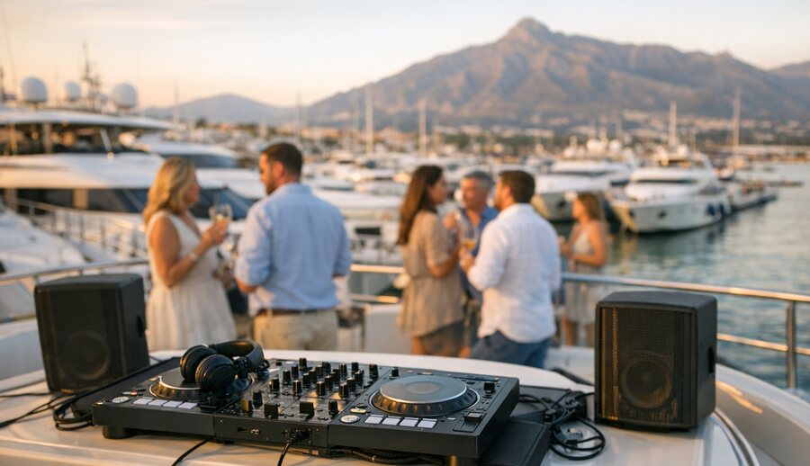 Invitados en la cubierta de un yate amarrado en Puerto Banús al atardecer